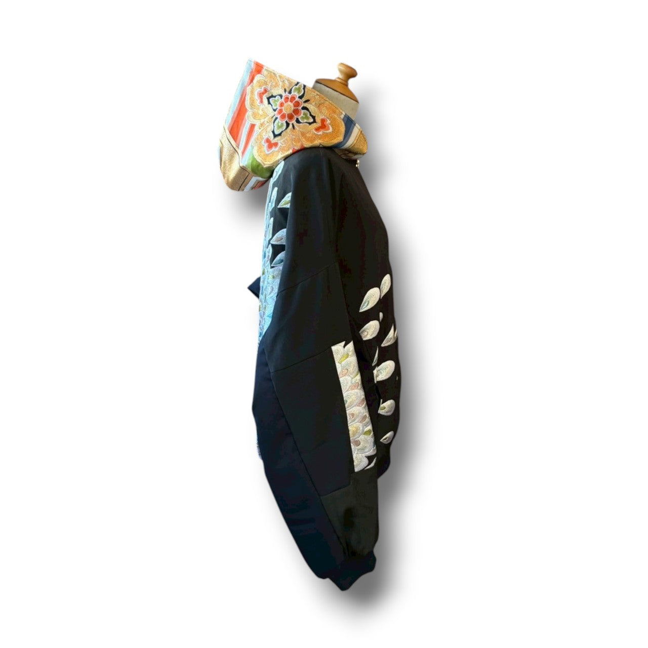 Kurotomesode & Obi Reconstructed Hoodie with Embroidered Peacock One-of-a-kind Unisex zivun