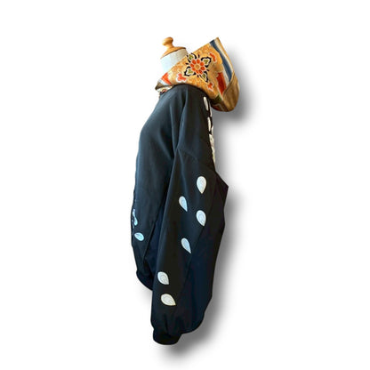 Kurotomesode & Obi Reconstructed Hoodie with Embroidered Peacock One-of-a-kind Unisex zivun