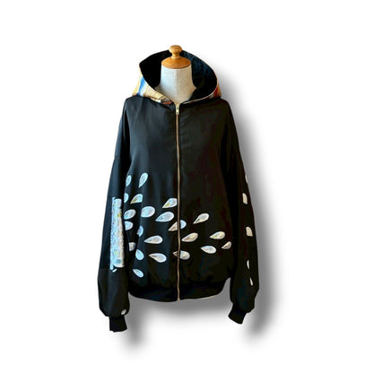 Kurotomesode & Obi Reconstructed Hoodie with Embroidered Peacock One-of-a-kind Unisex zivun