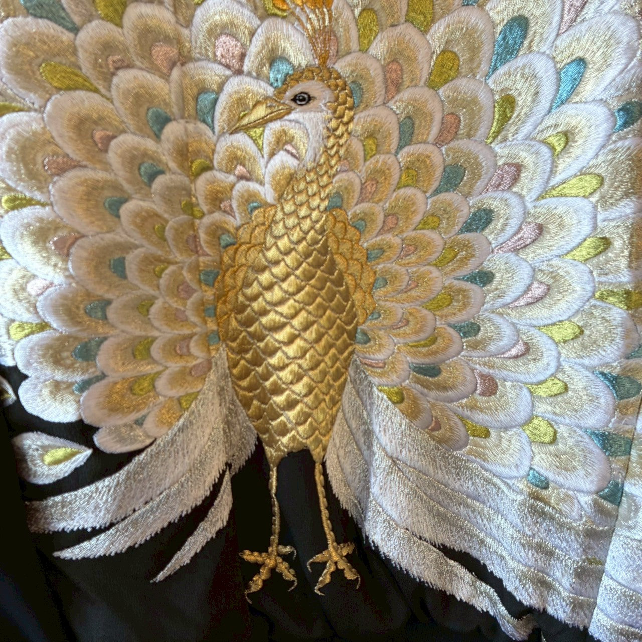 Kurotomesode & Obi Reconstructed Hoodie with Embroidered Peacock One-of-a-kind Unisex zivun