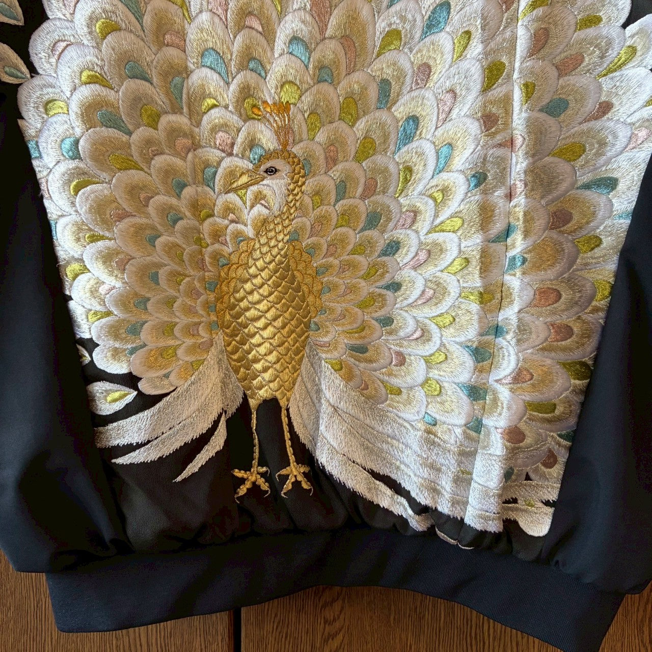 Kurotomesode & Obi Reconstructed Hoodie with Embroidered Peacock One-of-a-kind Unisex zivun