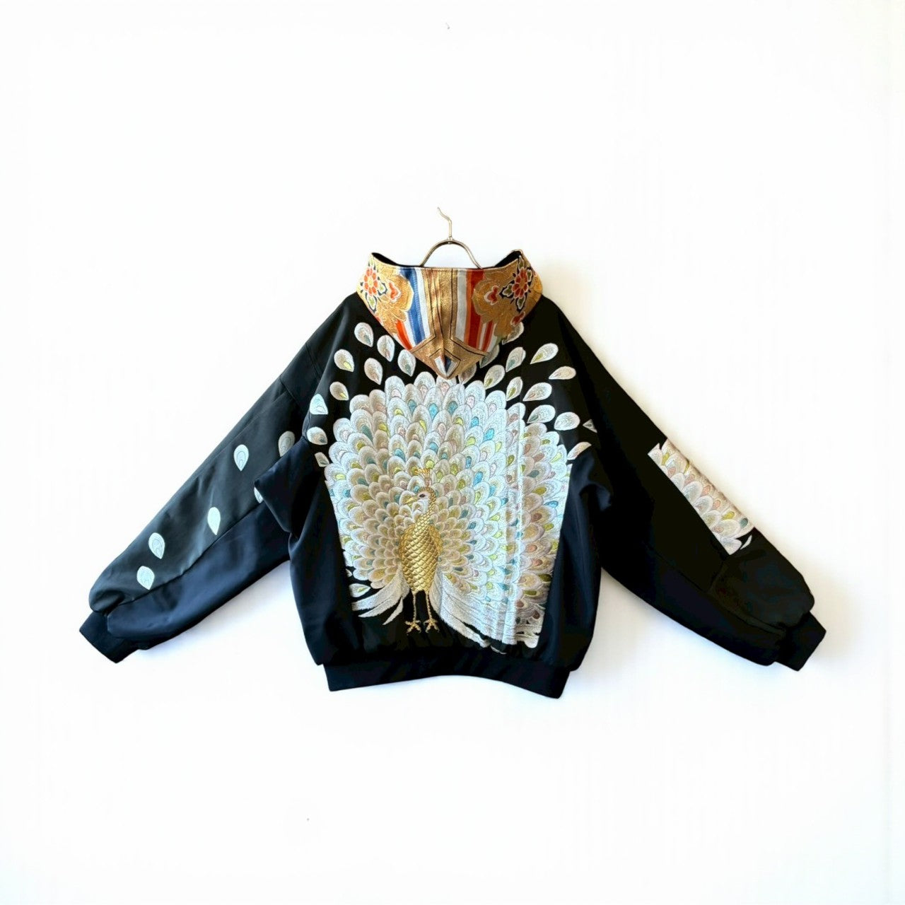 Kurotomesode & Obi Reconstructed Hoodie with Embroidered Peacock One-of-a-kind Unisex zivun