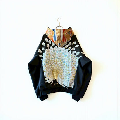 Kurotomesode & Obi Reconstructed Hoodie with Embroidered Peacock One-of-a-kind Unisex zivun