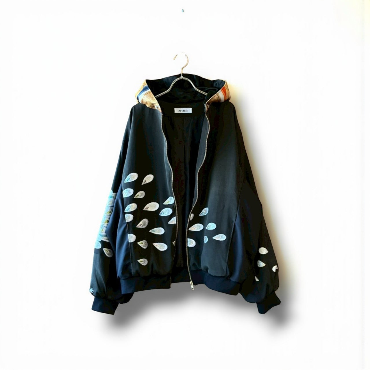 Kurotomesode & Obi Reconstructed Hoodie with Embroidered Peacock One-of-a-kind Unisex zivun