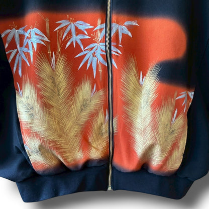 Kurotomesode & Obi Reconstructed Hoodie with Bamboo & Pine Pattern One-of-a-kind Unisex zivun