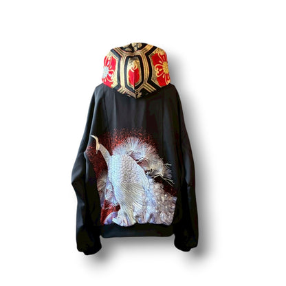 Kurotomesode & Obi Reconstructed Hoodie with Embroidered Peacock & Gold Brocade Hood One-of-a-kind Unisex zivun