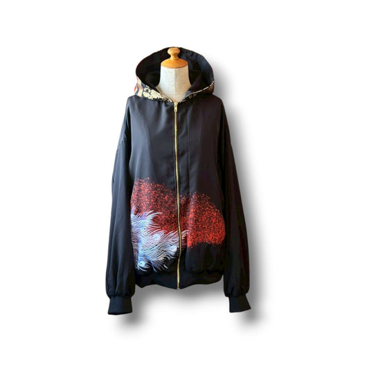 Kurotomesode & Obi Reconstructed Hoodie with Embroidered Peacock & Gold Brocade Hood One-of-a-kind Unisex zivun