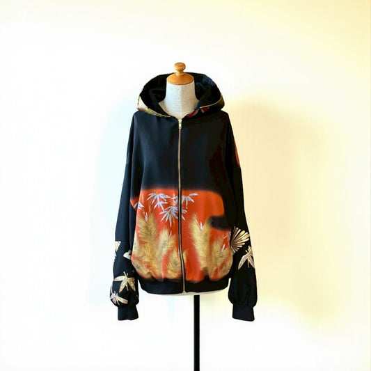 Kurotomesode & Obi Reconstructed Hoodie with Bamboo & Pine Pattern One-of-a-kind Unisex zivun