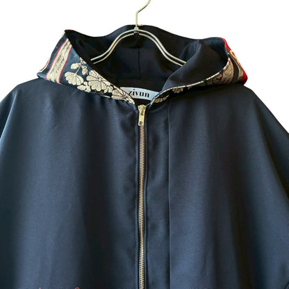 Kurotomesode & Obi Reconstructed Hoodie with Embroidered Peacock & Gold Brocade Hood One-of-a-kind Unisex zivun
