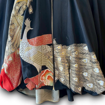 Kurotomesode Reconstructed Balloon Jacket Peacock Embroidery Draped Silhouette One-of-a-kind Unisex zivun