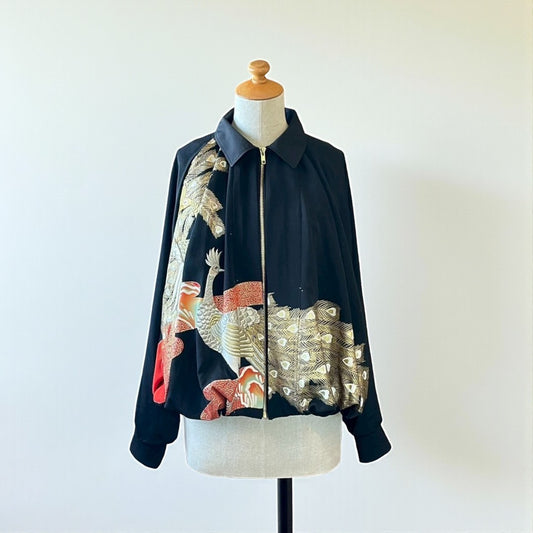 Kurotomesode Reconstructed Balloon Jacket Peacock Embroidery Draped Silhouette One-of-a-kind Unisex zivun