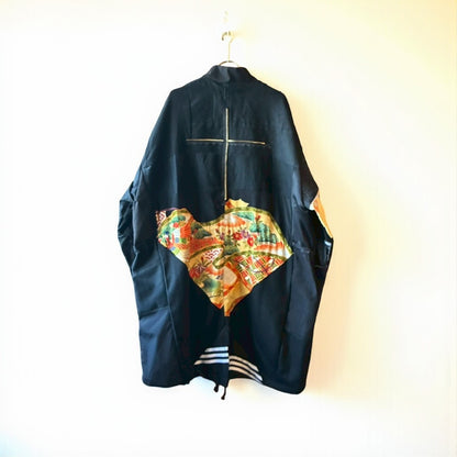 Kurotomesode × Mixed Materials Reconstructed Mods Coat Denim Nylon & Obi Patchwork One-of-a-kind Unisex zivun