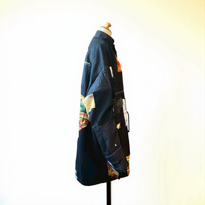 Kurotomesode × Mixed Materials Reconstructed Mods Coat Denim Nylon & Obi Patchwork One-of-a-kind Unisex zivun