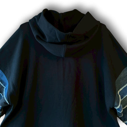 zivun × BLLIANT BLACK Denim Layered Sleeve Hoodie | Reconstructed Patchwork | Unisex | One-of-a-Kind | OLD FLIP