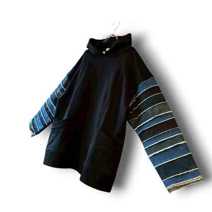 zivun × BLLIANT BLACK Denim Layered Sleeve Hoodie | Reconstructed Patchwork | Unisex | One-of-a-Kind | OLD FLIP