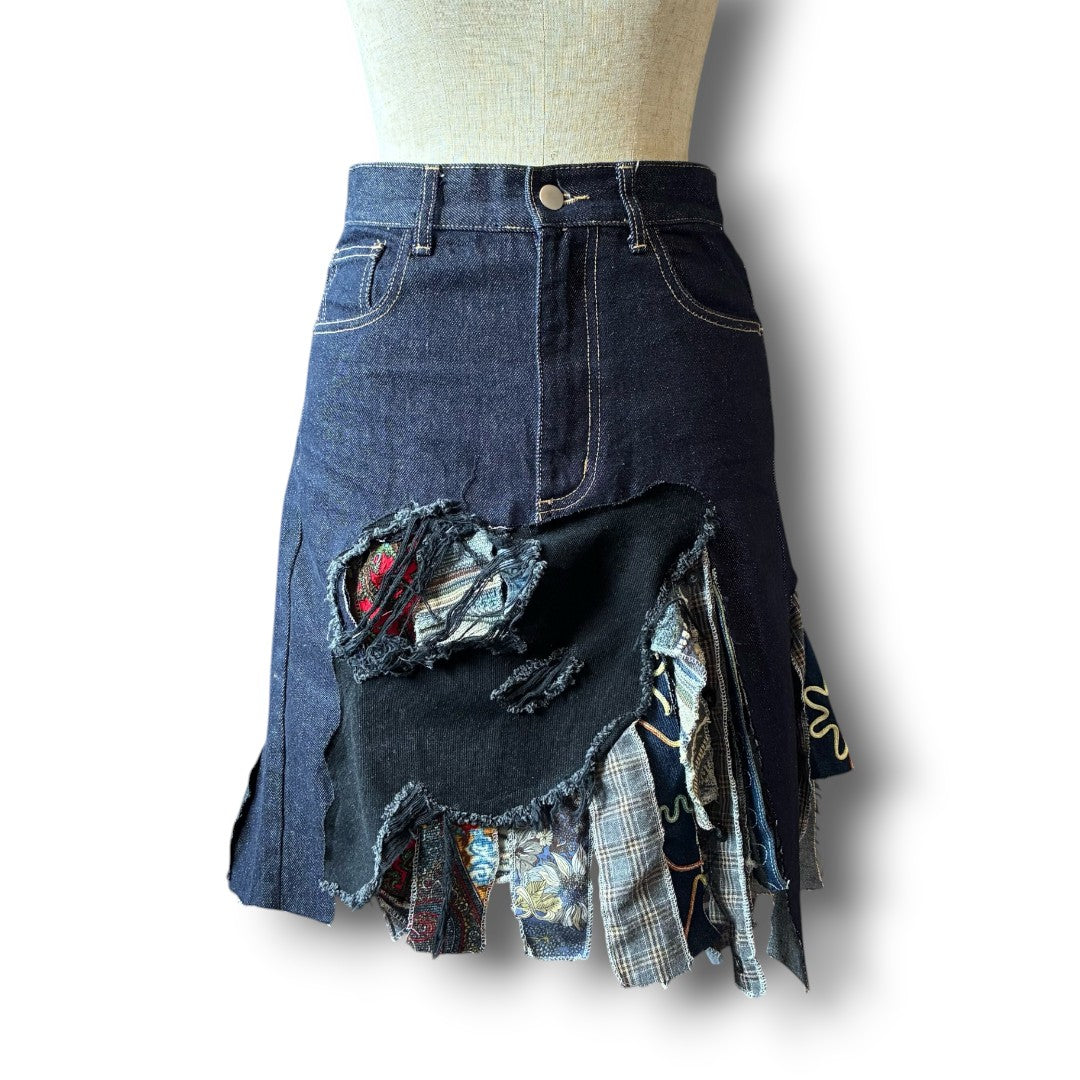 zivun Rebuild Denim Patch Skirt | Reconstructed Asymmetrical Denim One-of-a-Kind Skirt | OLD FLIP