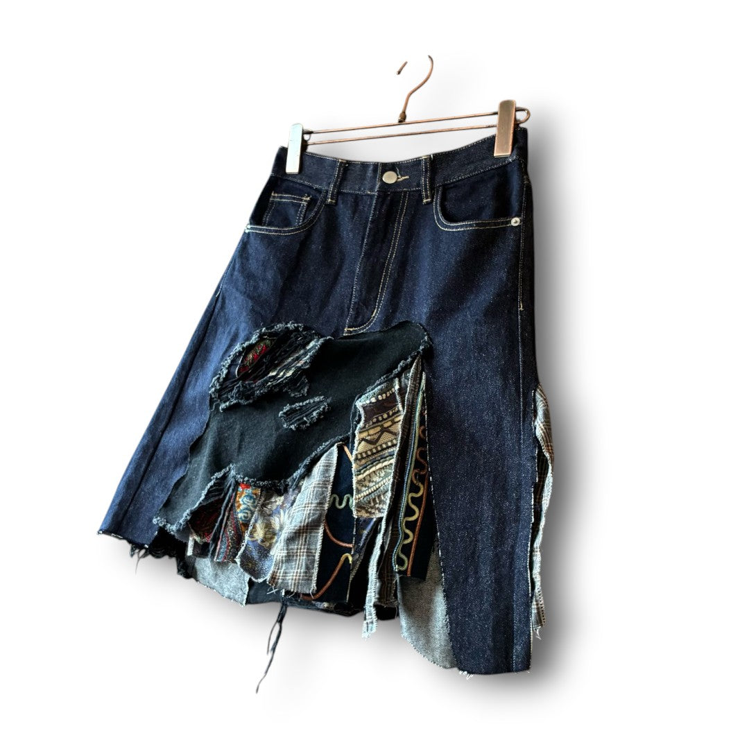 zivun Rebuild Denim Patch Skirt | Reconstructed Asymmetrical Denim One-of-a-Kind Skirt | OLD FLIP