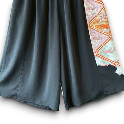 Reconstructed Wide-Leg Pants – Vintage Kimono with Crane Motif