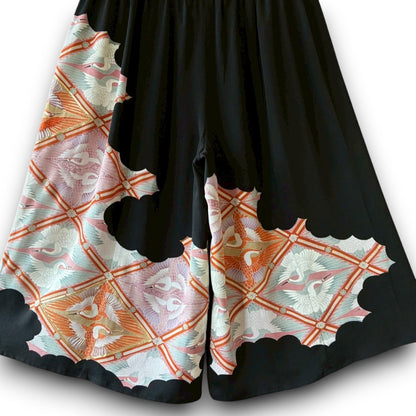 Reconstructed Wide-Leg Pants – Vintage Kimono with Crane Motif
