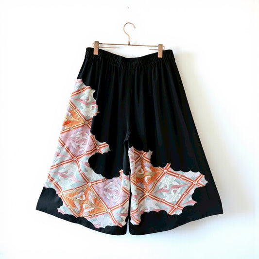 Reconstructed Wide-Leg Pants – Vintage Kimono with Crane Motif