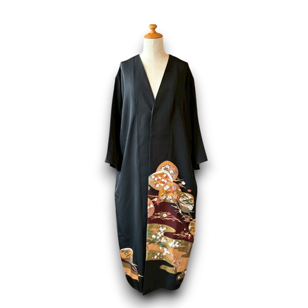 One-of-a-Kind Kimono Remake Long Coat – Reconstructed from Vintage Black Tomesode