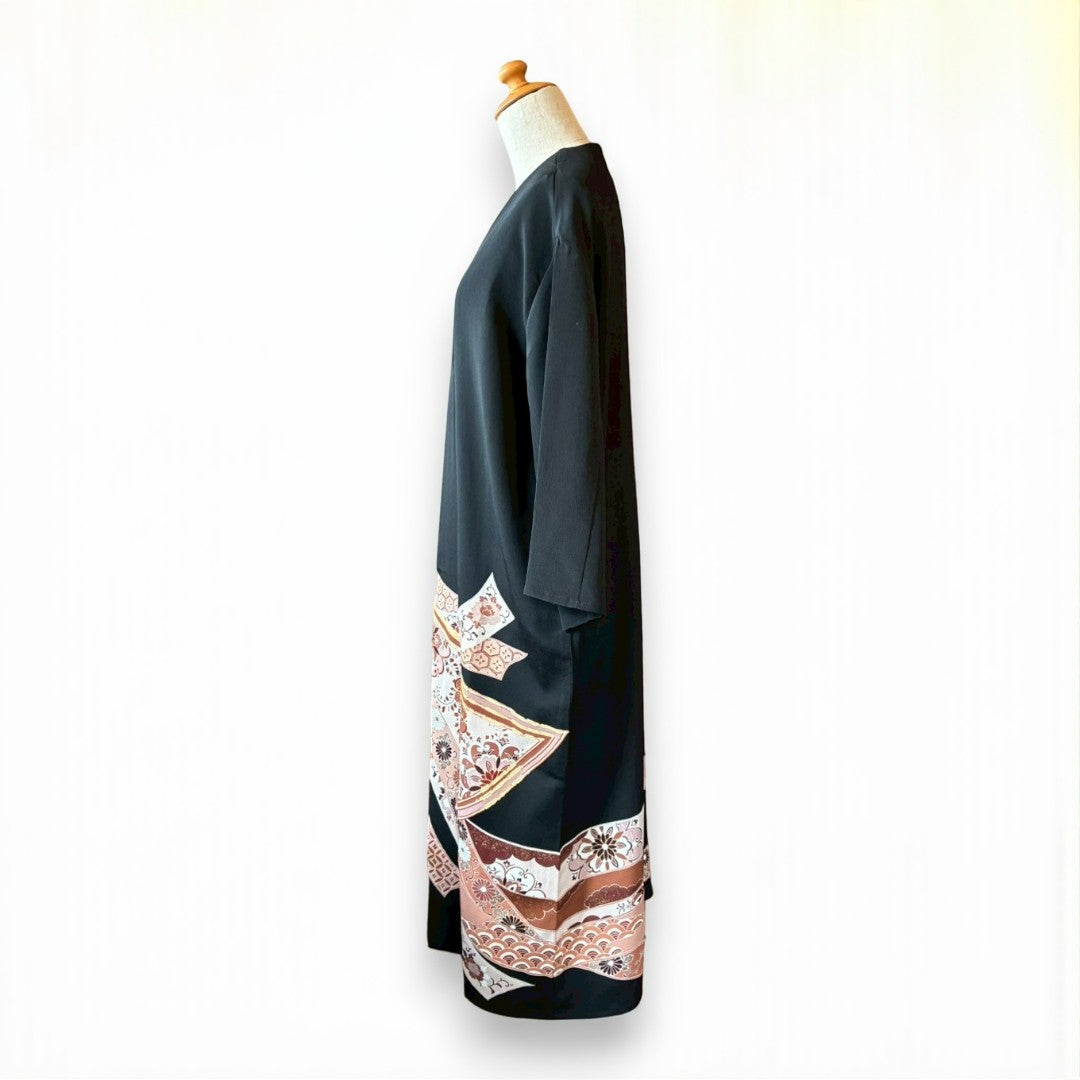 Remade Kuro-Tomesode Gown Coat with Traditional Japanese Patterns – One-of-a-Kind