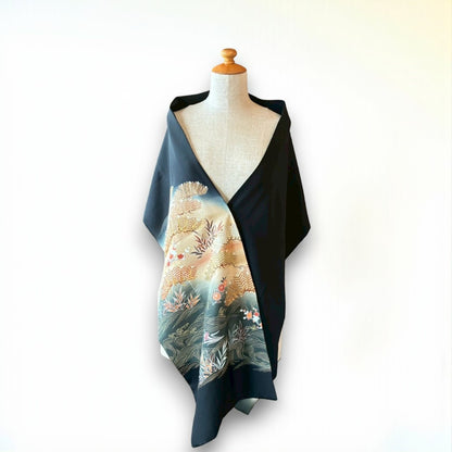 Remade Silk Scarf from Kurotomesode Kimono – Japanese Embroidery | mukafu Reconstructed
