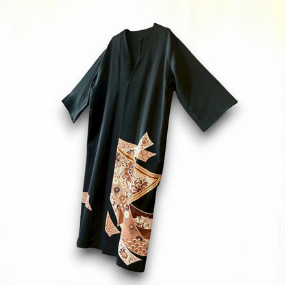 Remade Kuro-Tomesode Gown Coat with Traditional Japanese Patterns – One-of-a-Kind