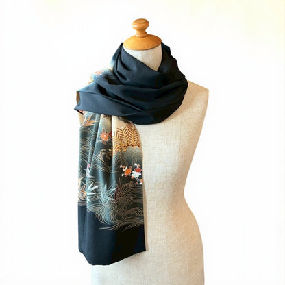 Remade Silk Scarf from Kurotomesode Kimono – Japanese Embroidery | mukafu Reconstructed