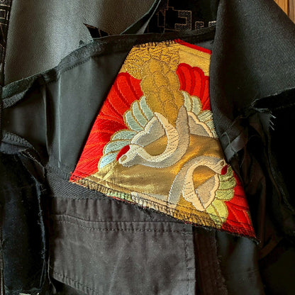 Kurotomesode × Mixed Materials Reconstructed Long Coat Leather Denim & Obi Patchwork One-of-a-kind Unisex zivun