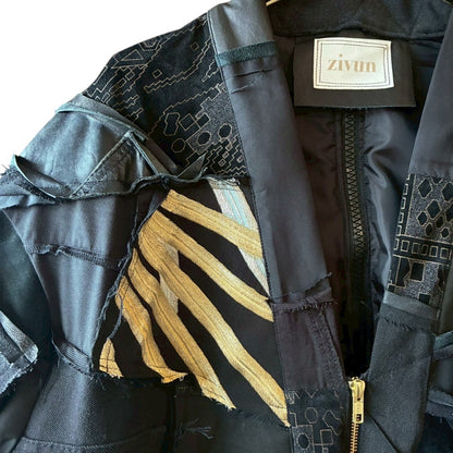 Kurotomesode × Mixed Materials Reconstructed Long Coat Leather Denim & Obi Patchwork One-of-a-kind Unisex zivun