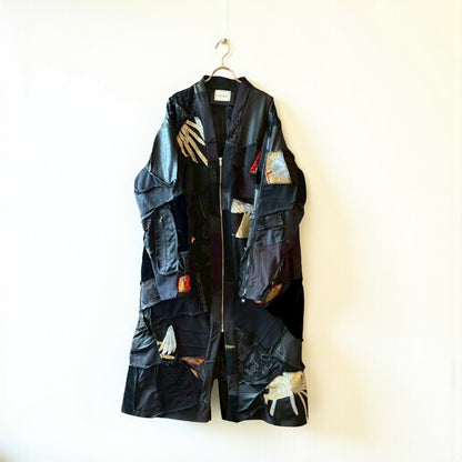 Kurotomesode × Mixed Materials Reconstructed Long Coat Leather Denim & Obi Patchwork One-of-a-kind Unisex zivun