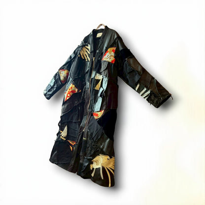 Kurotomesode × Mixed Materials Reconstructed Long Coat Leather Denim & Obi Patchwork One-of-a-kind Unisex zivun