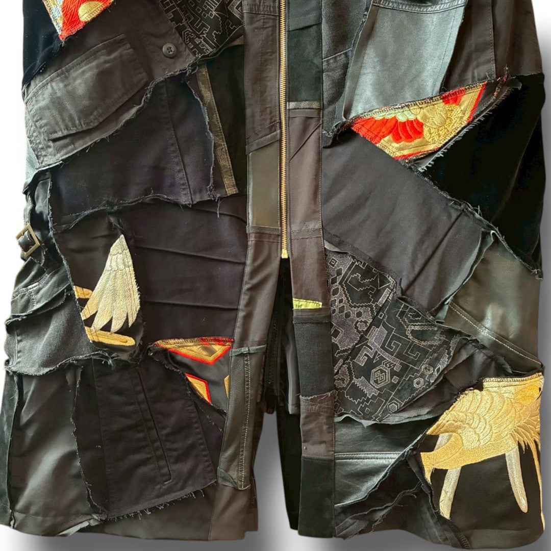 zivun by Nao Reconstructed Long Coat | Kimono Embroidery | Black Mixed Panels | Unisex | One-of-a-Kind | OLD FLIP