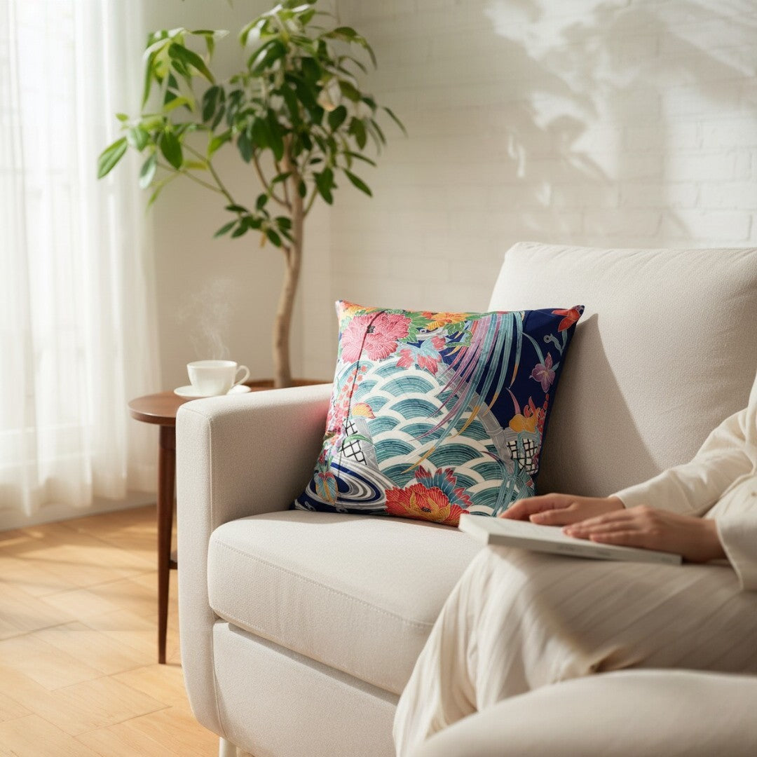 zivun Remade Furisode Cushion Cover | Japanese Pattern Interior One-of-a-Kind Floral x Crane Motif 45x45cm【OLD FLIP】