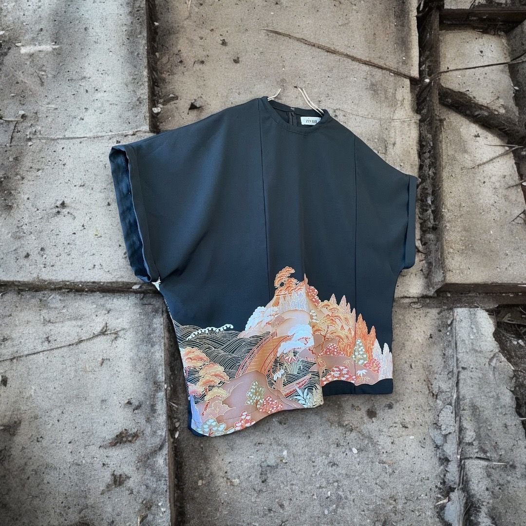 kimono blousse 有明ガーデンrecollect店 ブラウス シャツ 着物 トップス  プルオーバー リメイク remake 黒留袖 kb0011