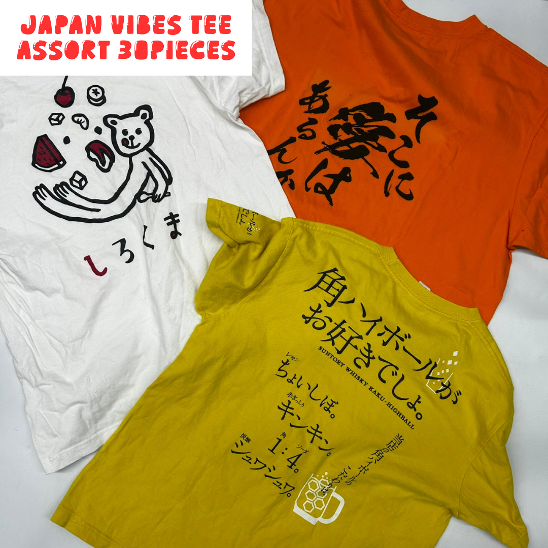 Japanese Graphic T-Shirt Assorted Lot 30pcs Funny, Kanji & Pop Culture Prints Unisex Mix OLD FLIP