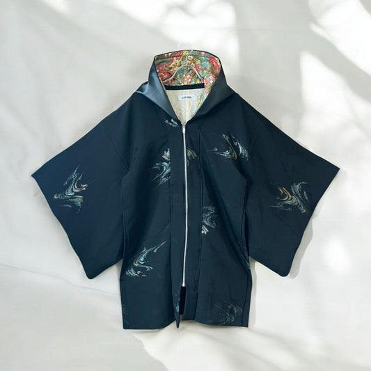 Hoodie Parka Kimono Obi Zip Women's Men's Oversized Remake Kimono Hoodie Black Recollect Ariake Garden Store