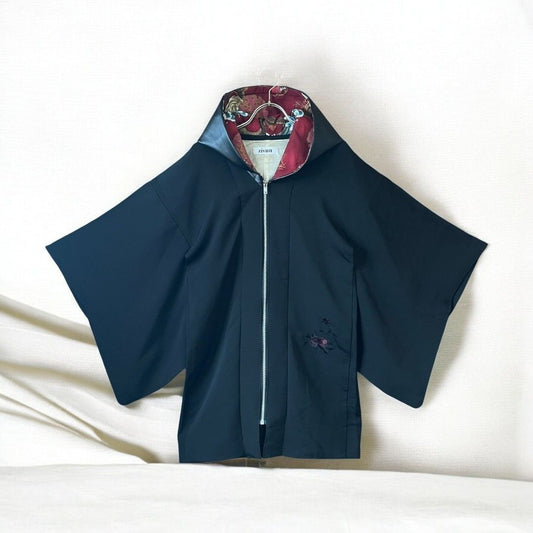 Hoodie Parka Kimono Obi Zip Women's Men's Oversized Remake Kimono Hoodie Black Recollect Ariake Garden Store