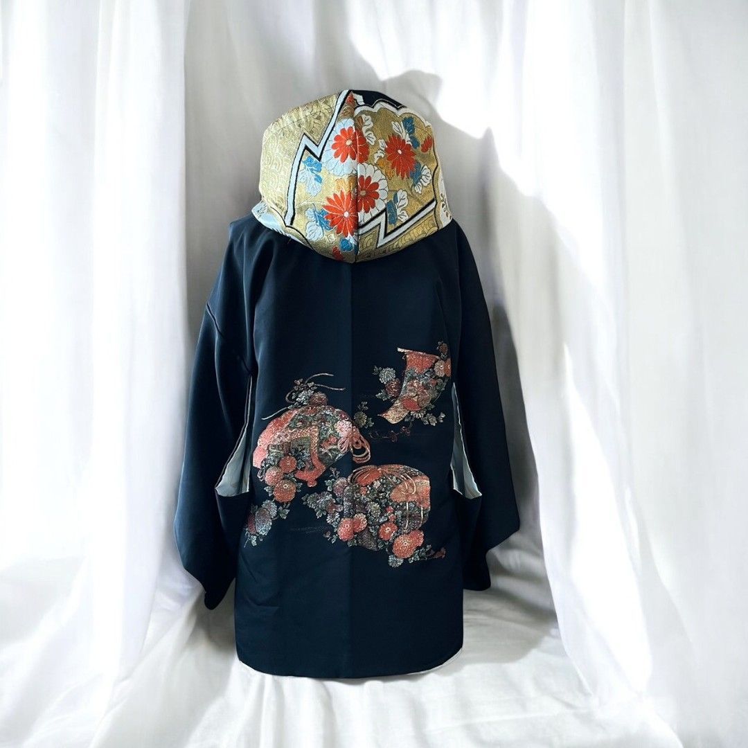 Hoodie Parka Kimono Obi Zip Women's Men's Oversized Remake Kimono Hoodie 2 Black Recollect Ariake Garden Store