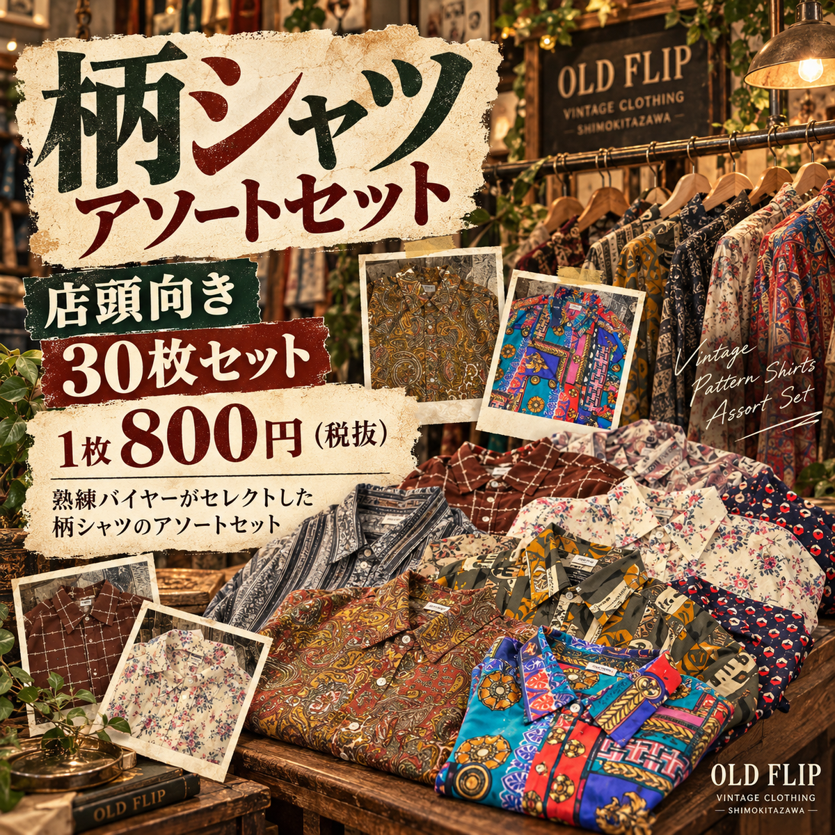 店頭販売向け 柄シャツアソート30枚｜総柄・レトロ・個性派 熟練バイヤーセレクト【OLD FLIP】
