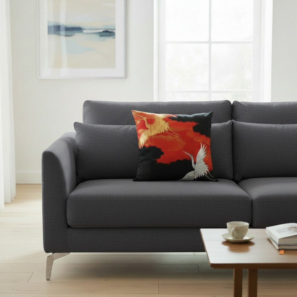 zivun Black Kurotomesode Reconstruction Cushion Cover | Red & Black Gradation Crane Pattern Modern Japanese One-of-a-kind 50x50cm [OLD FLIP]