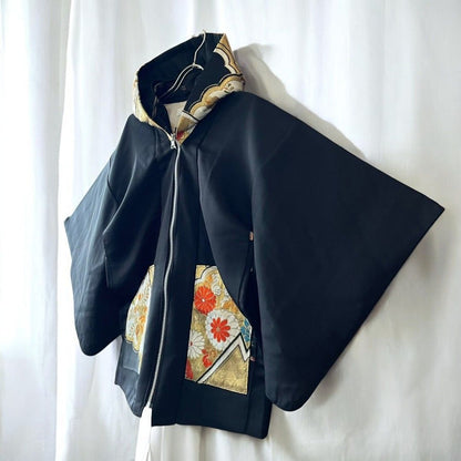 Hoodie Parka Kimono Obi Zip Women's Men's Oversized Remake Kimono Hoodie 2 Black Recollect Ariake Garden Store