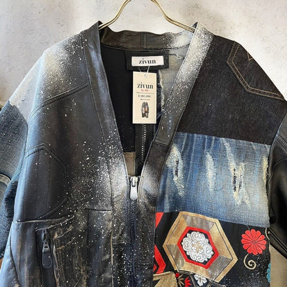 レザーコート ロングコート レディース メンズ ユニセックス 再構築 リメイク デニム ダメージ 帯 ペイント Ao Miyasaka recollect有明ガーデン店