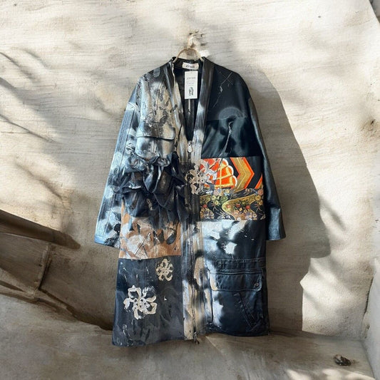 Leather coat, long coat, women's, men's, unisex, reconstructed, remade, denim, distressed, obi, paint, Ao Miyasaka recollect Ariake Garden store