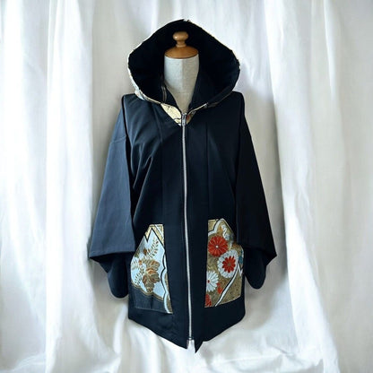 Hoodie Parka Kimono Obi Zip Women's Men's Oversized Remake Kimono Hoodie 2 Black Recollect Ariake Garden Store