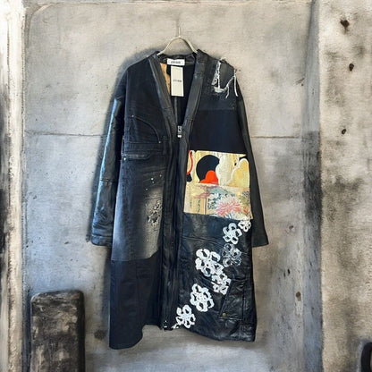レザーコート ロングコート レディース メンズ ユニセックス 再構築 リメイク デニム ダメージ 帯 ペイント Ao Miyasaka recollect有明ガーデン店