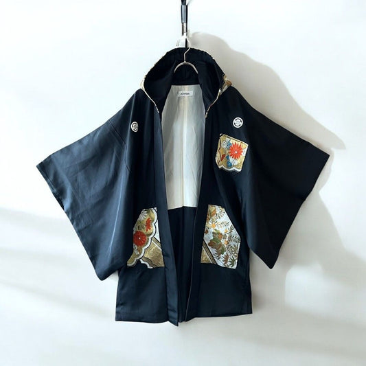 Hoodie Parka Kimono Obi Zip Women's Men's Oversized Remake Kimono Long Hoodie Black Recollect Ariake Garden Store