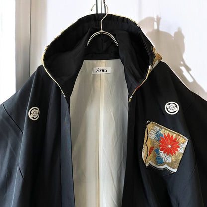 Hoodie Parka Kimono Obi Zip Women's Men's Oversized Remake Kimono Long Hoodie Black Recollect Ariake Garden Store
