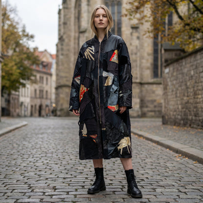 zivun by Nao Reconstructed Long Coat | Kimono Embroidery | Black Mixed Panels | Unisex | One-of-a-Kind | OLD FLIP